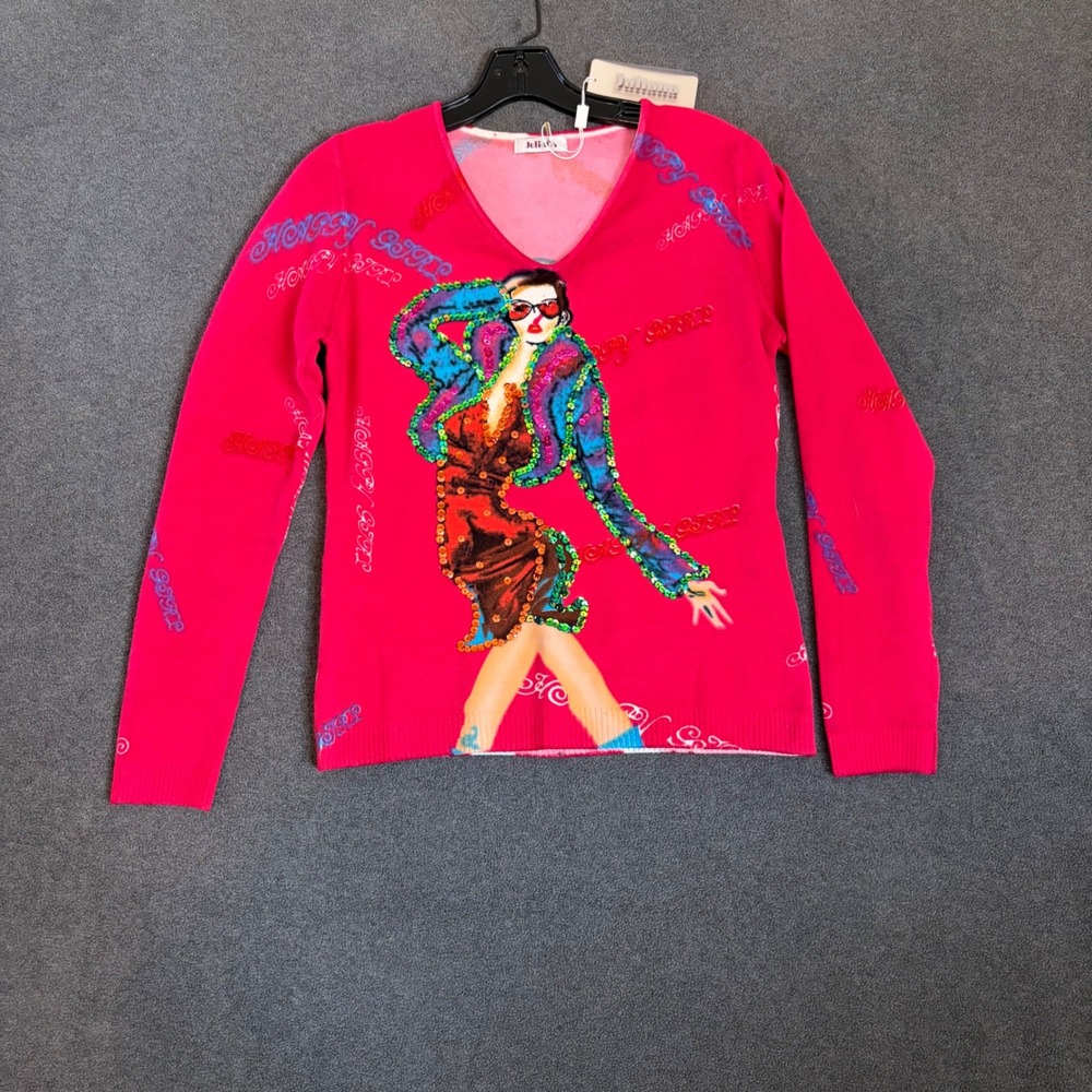 Juliana Sweater Women Small Pink Happy Girl Sequin Graphic V-Neck Y2K Pop Art